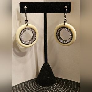 Kenneth Jay Lane for QVC- Round Dangle Ivory/Rhinestone Earrings in Black Metal